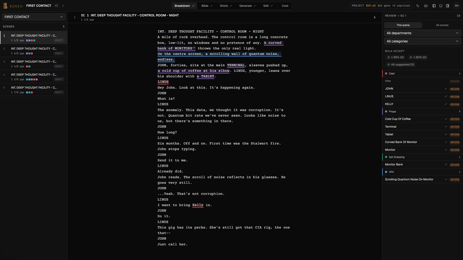 Bokeh Breakdown Review: the scene text with tagged elements highlighted inline and a review pane of tags by department