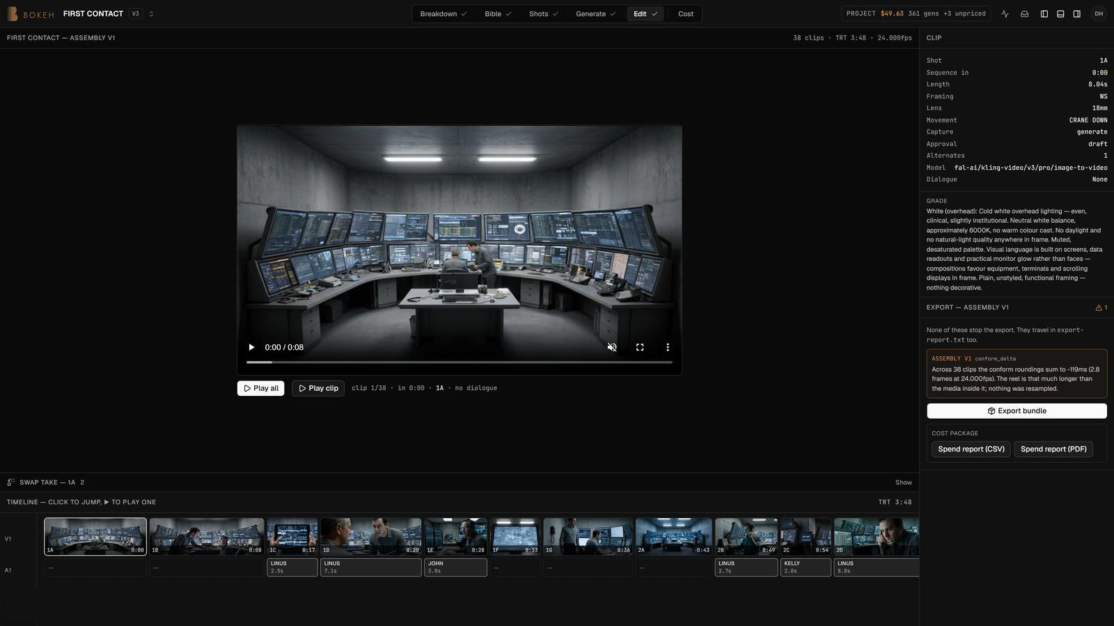 Bokeh sequence view: a take playing, clip metadata, the export panel with its conform warning, and the timeline with dialogue clips